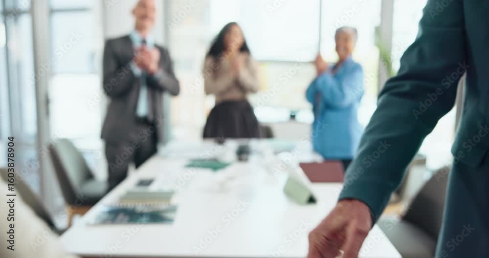 Office, applause and business people shaking hands for deal, success or financial acquisition. Team, clapping and handshake for partnership celebration, b2b merger or congratulations for investment