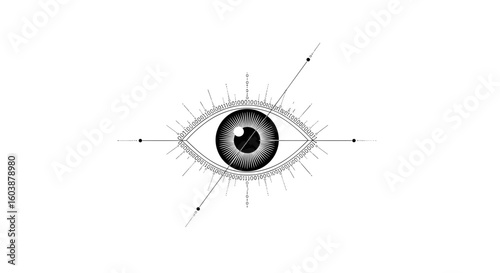 Human eye with scanning lines in monochrome biometric illustration