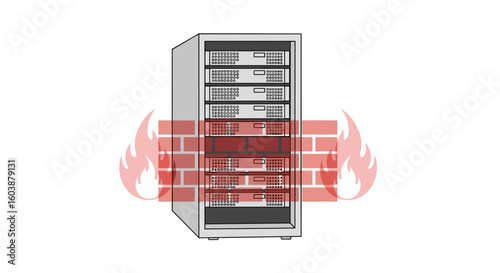  Server protected by firewall in flat style with red overlay