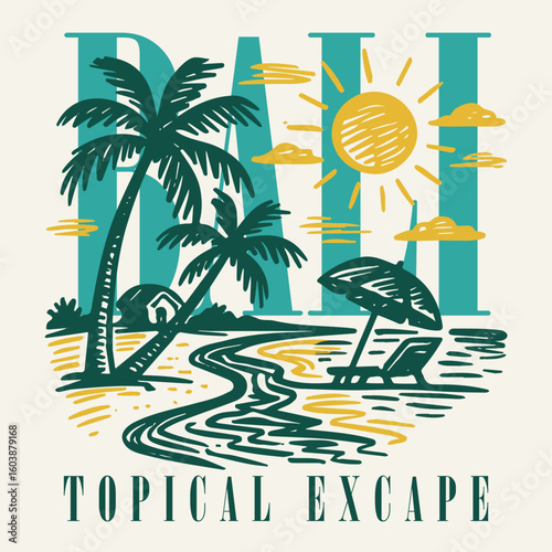 Bali Beach hand drawn artwork. bali beach t-shirt. vintage retro paradise graphic print design. Sunshine paradise graphic print design. tropical color graphicas