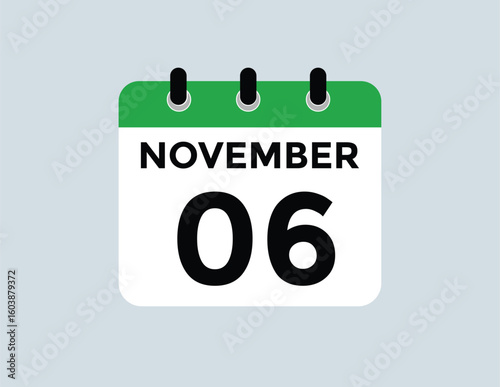 6 November, calendar date icon. 6 November Calendar Date for Deadlines or Appointment. Day, month. vector illustration.
