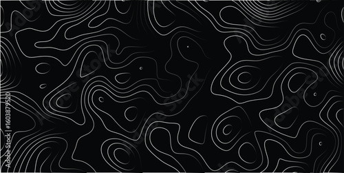 Abstract topographic map pattern in black and white displaying contours and gradient shadows representing terrain elevation