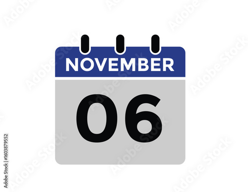 6 November, calendar date icon. 6 November Calendar Date for Deadlines or Appointment. Day, month. vector illustration.
