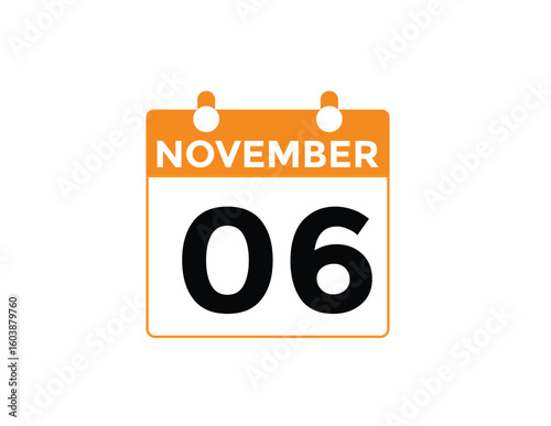 6 November, calendar date icon. 6 November Calendar Date for Deadlines or Appointment. Day, month. vector illustration.
