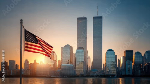 Dramatic skyline featuring Twin Towers illuminated by sunset, flag waving proudly