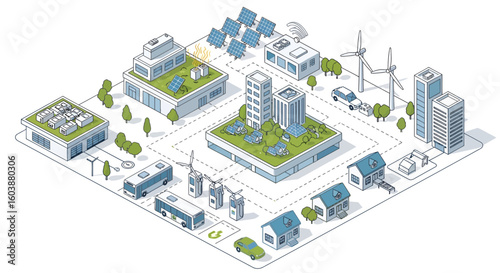 Sustainable city isometric illustration showcasing renewable energy sources, eco-friendly buildings, and electric vehicles.