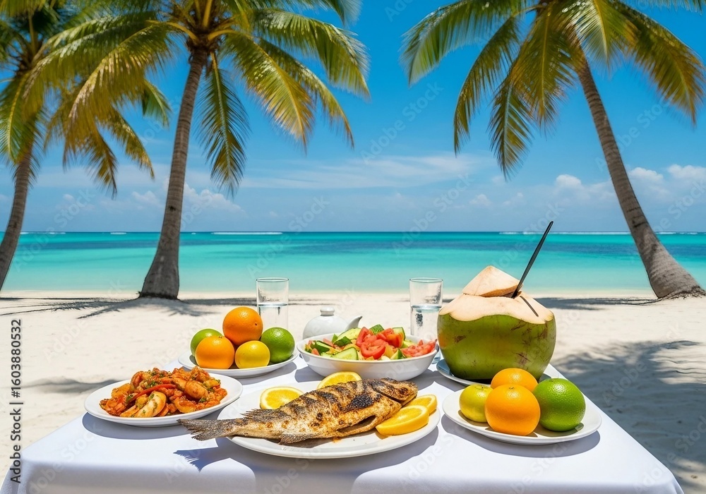 Obraz premium Exotic tropical breakfast setup on beach with palm trees and turquoise sea