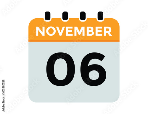 6 November, calendar date icon. 6 November Calendar Date for Deadlines or Appointment. Day, month. vector illustration.
