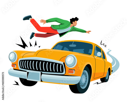 The Reckless Collision: A dynamic illustration captures a moment of high-stakes drama as a vibrant yellow car collides with a person. 