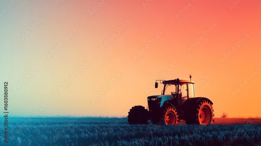 Fototapeta premium Agricultural symphony, tractor poised in fields under vibrant sunset colors