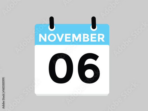 6 November, calendar date icon. 6 November Calendar Date for Deadlines or Appointment. Day, month. vector illustration.
