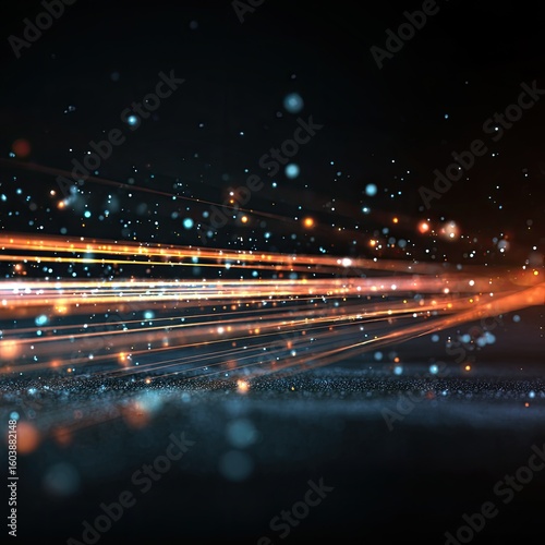 Abstract digital artwork with vibrant light trails and particles