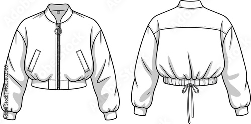 CAD drawing flat vector illustration of cropped bomber jacket with front zip, ribbed cuffs, drawstring waist, fashion technical sketch
