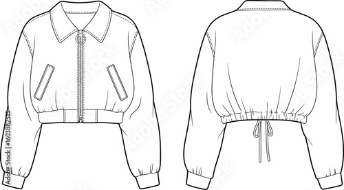 CAD drawing flat vector illustration of women’s bomber jacket with collar, zip front, drawstring waist, technical fashion sketch design