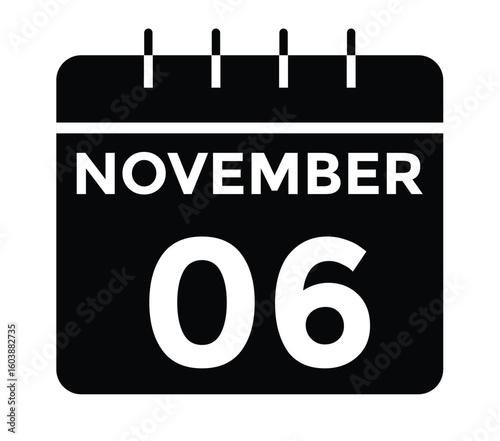 6 November, calendar date icon. 6 November Calendar Date for Deadlines or Appointment. Day, month. vector illustration.
