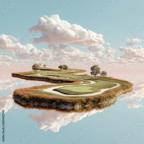 Floating golf course island, pastel colors, serene clouds