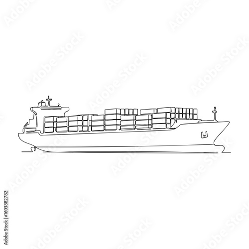 Vector line art of a cargo ship loaded with containers, representing global shipping, logistics, and maritime transport
