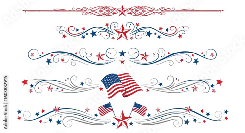 Set of patriotic decorative design elements with stars and American flag on white background