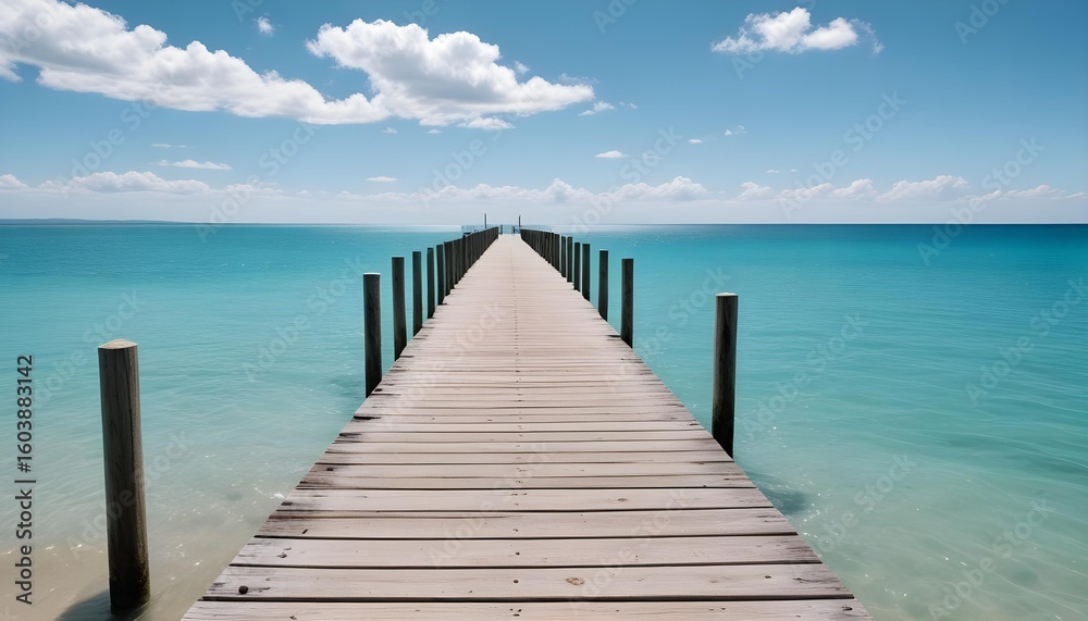 A wooden pier stretches over crystal clear water towards the horizon on a bright sunny day. A wooden pier stretches over crystal clear water towards the horizon on a bright sunny day.