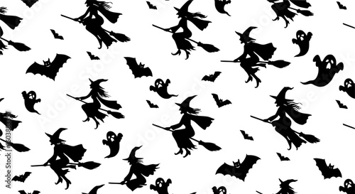 seamless pattern, full shot, silhouette, black silhouettes of witches flying on broomsticks, ghosts , isolated on white background,

