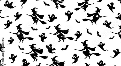 seamless pattern, full shot, silhouette, black silhouettes of witches flying on broomsticks, ghosts , isolated on white background,

