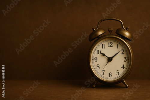 Vintage alarm clock with white face and bronze frame on brown background