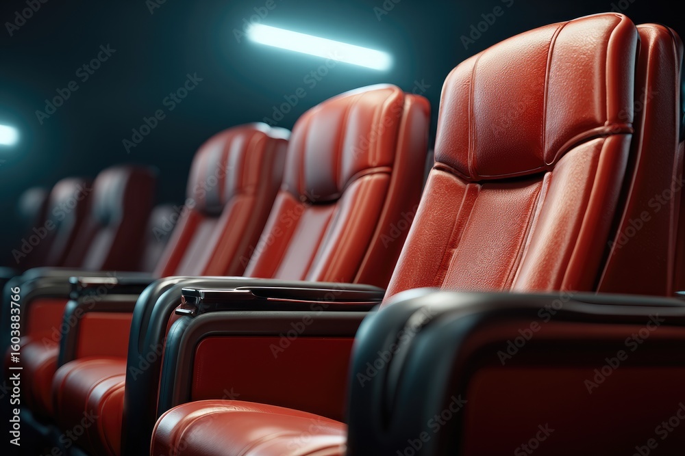 Obraz premium Red leather cinema seats in a dark theater