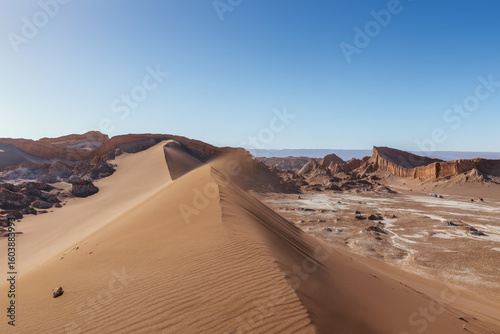 Desert sand dune ridge with rocky formations under clear blue sky in arid landscape
