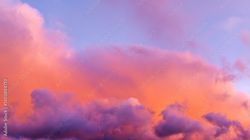 Fototapeta premium Dramatic sunrise with gradient orange and purple clouds, creating a panoramic abstract sky view.