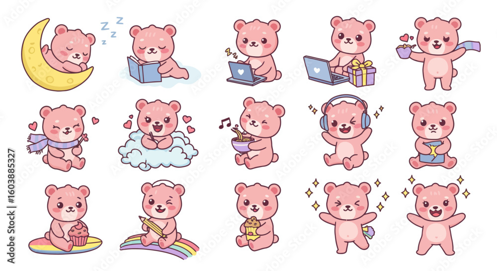 Obraz premium Emoji character sticker of adorable kawaii chibi bear characters in soft pastel colors 