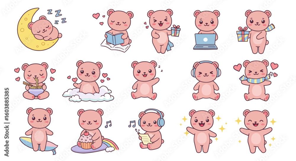 Fototapeta premium Emoji character sticker of adorable kawaii chibi bear characters in soft pastel colors 