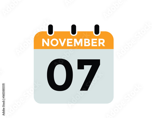 7 November, calendar date icon. 7 November Calendar Date for Deadlines or Appointment. Day, month. vector illustration.
