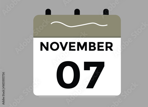 7 November, calendar date icon. 7 November Calendar Date for Deadlines or Appointment. Day, month. vector illustration.
