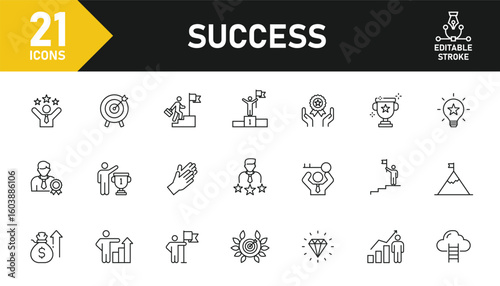 Success line icon set. Set of 21 outline icons related to successful, goal, achievement, progress, career, growth, profit and others. Editable stroke. Vector illustration.