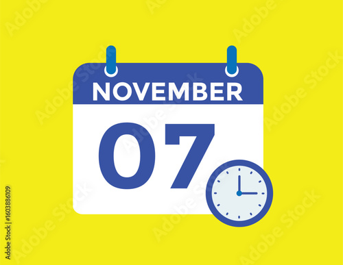 7 November, calendar date icon. 7 November Calendar Date for Deadlines or Appointment. Day, month. vector illustration.
