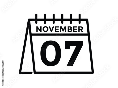 7 November, calendar date icon. 7 November Calendar Date for Deadlines or Appointment. Day, month. vector illustration.
