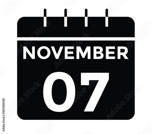 7 November, calendar date icon. 7 November Calendar Date for Deadlines or Appointment. Day, month. vector illustration.
