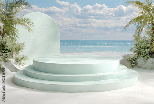 Serene Coastal Minimalism: Three-Tiered Pastel Green Podium on Sandy Beach with Palm Trees