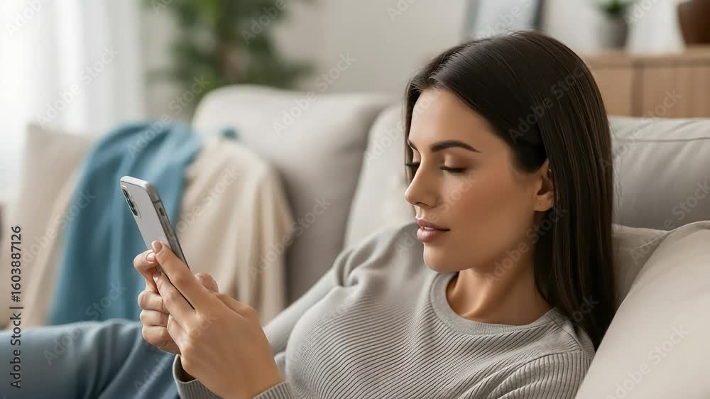 Young Woman with Dark Hair Texting on Smartphone while Relaxing on a Light Grey Sofa at Home Young Woman with Dark Hair Texting on Smartphone while Relaxing on a Light Grey Sofa at Home