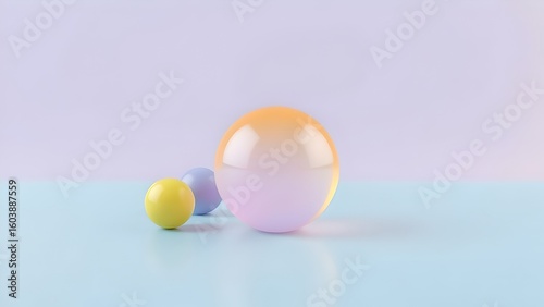 Three glossy pastel spheres on a light blue surface