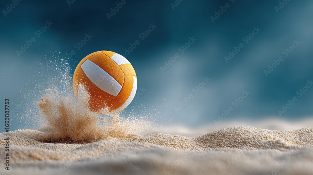 Obraz premium Volleyball is in the sand on a beach. The ball is orange and white. The sand is white and the sky is blue