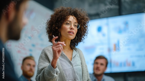 A Gen Z businesswoman presents with clarity, pointing at the screen confidently in a pastel blue office setting.