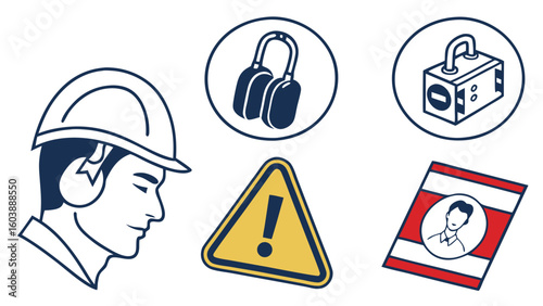 Comprehensive vector illustration of workplace safety equipment including protective helmet headphones warning sign and identification badge highlighting occupational safety measures for industrial