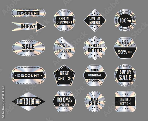 Big set tags and stickers with holographic effect and watermark: Sale, 100% original, offer, discount, Best price, NEW, Limited Edition, Premium product, 50% off. Hologram of various geometric shapes.