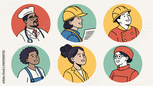 Diverse professions and occupational roles depicted through minimalistic vector illustrations showcasing healthcare, construction, engineering, and creative industries emphasizing diversity and