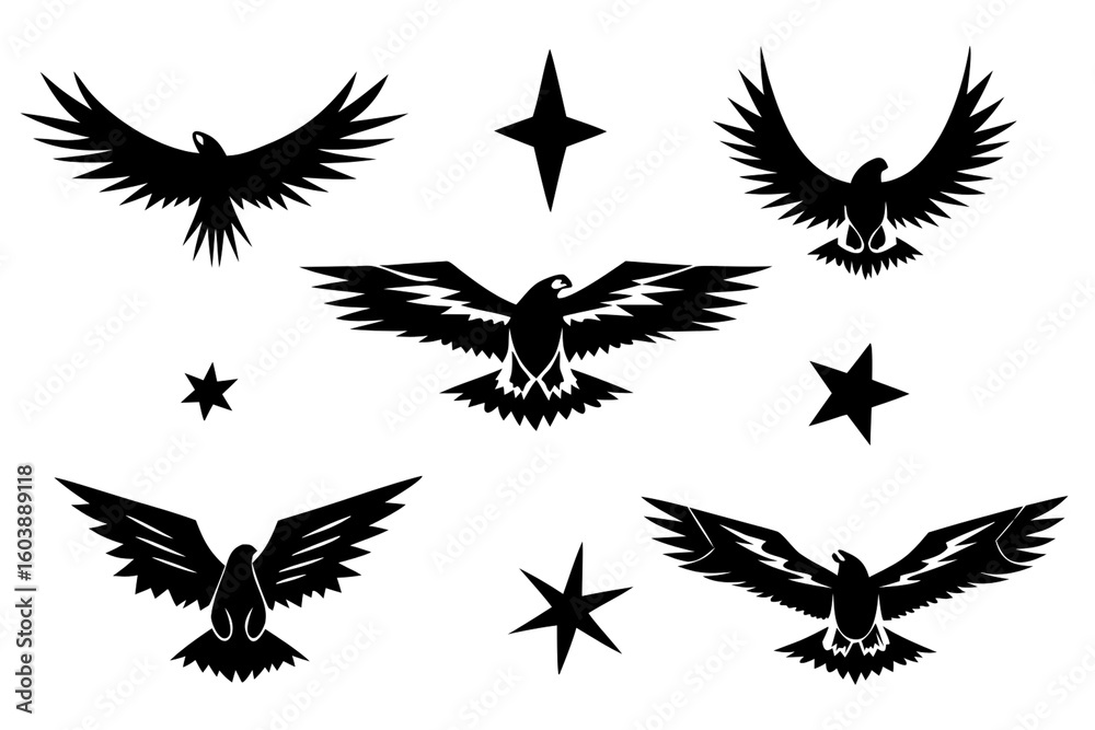 Fototapeta premium set of flying eagles isolated on white background, png, ai generated.