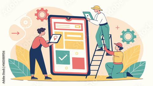 Innovative flat design illustration depicting collaborative teamwork on digital project development and user interface management in a vibrant and engaging vector graphic for digital creators and