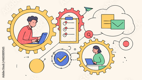 Minimalist vector illustration emphasizing teamwork and workflow optimization with interconnected gear icons representing collaboration and productivity enhancement for modern business strategies