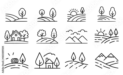 Rural Landscape Icons Featuring Trees Hills Houses Mountains And Sun nature country