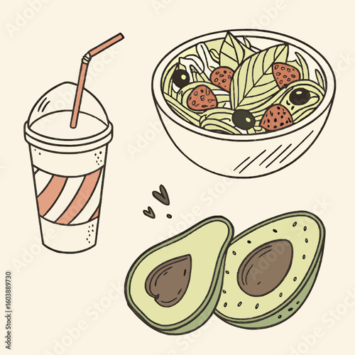 Hand-drawn illustration:  Healthy meal;  strawberry spinach salad, avocado halves, smoothie.  Cute, pastel colors, cheerful mood.